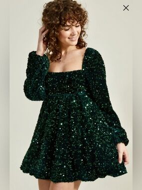 Emerald Green Sequin Long-Sleeve Mini babydoll Dress A-32